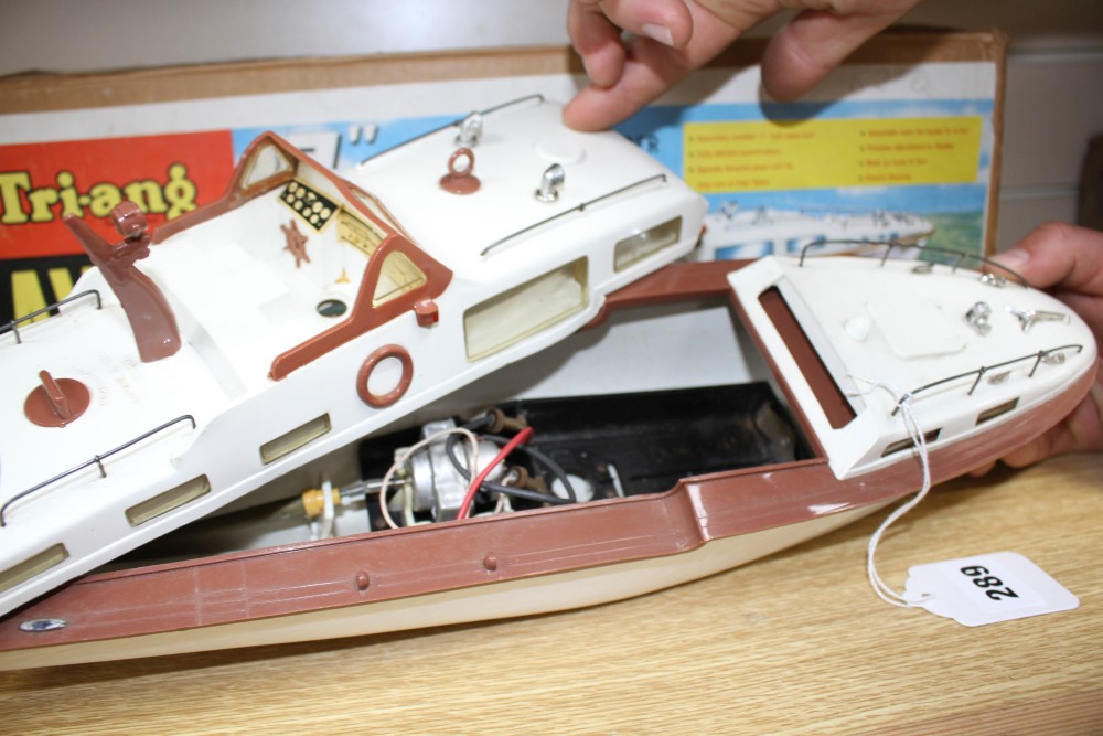 A Tri-ang Avon 17 inch electric motor luxury cabin cruiser model, boxed, together with a Tri-ang enamelled metal model of a yacht, 26.5